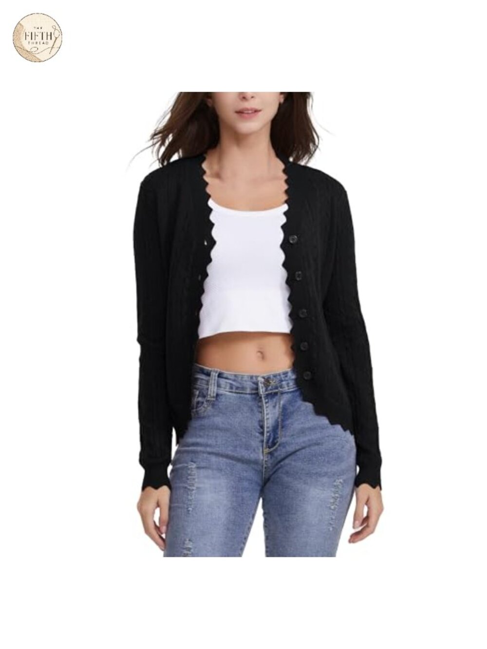 Cropped Button Down Cardigan Long Sleeve Scalloped V-Neck Knit